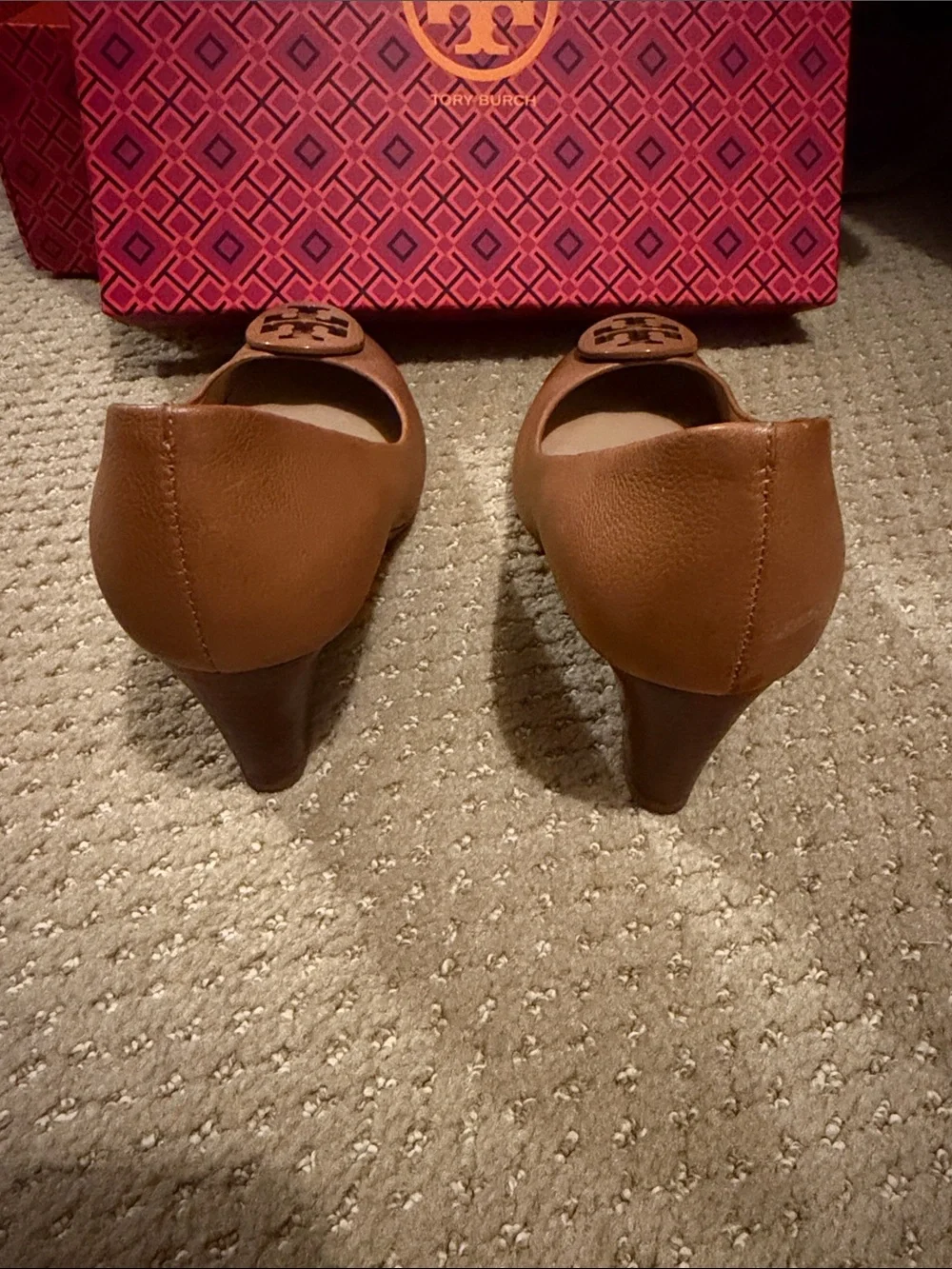 Tory Burch Brown Leather Logo Round-Toe Wedges